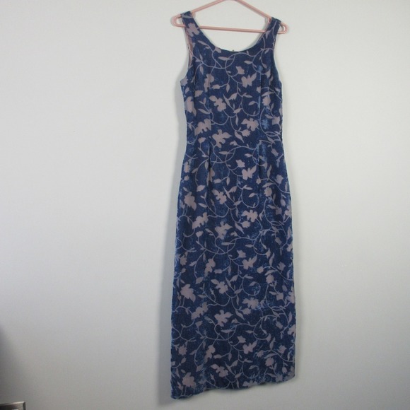 Tailor B. Moss Maxi Dress M Blue Floral Rayon VTG Slit Burnout Velour y2k 256 - Picture 1 of 16
